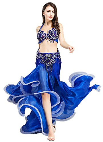 AGAATI Professionelles Bauchtanz-Kostüm-Set für Damen, BH und Gürtel, Tanz-Outfit, Bauchtanz-Kostüm, Karneval, Halloween-Outfit (blau, M)