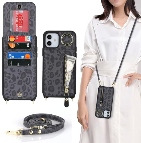 Zouzt Crossbody Wallet Case for iPhone 12/12 Pro, with Strap,Black Leopard | Lanyard Purse, 4 Card Holder, 360° Ring Kickstand, PU Leather Zipper Handbag, Shockproof TPU, Back Flip Phone Cover for Women