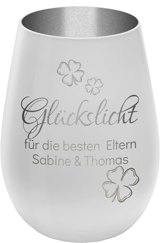 Windlicht mit Gravur Glückslicht - personalisierbar mit Wunschtext - Weiss/Silber - Höhe 12 cm - Geschenk Teelichthalter graviertes Kerzenglas