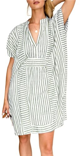 chouyatou Womens Summer Loose Stripe Beach Dress Cover Ups Casual Batwing Sleeve Midi Tunic Shirt Dress (Medium, Green)