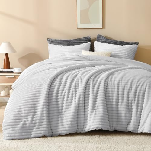 Andency Comforter Full Size Set, 3 Pcs Light Grey Fleece Bedding Set