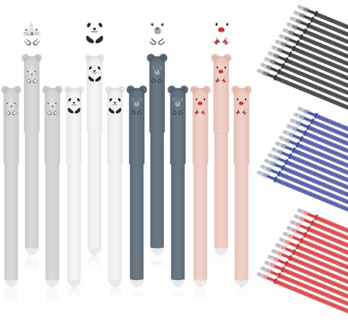 Morocket Radierbare Stifte 12 Stück Cartoon Gel Ink Pen Gelschreiber mit 36 Nachfüllungen, Radierbarer Kugelschreiber, Cartoon Gelschreiber Panda Gel Stift für Studenten Geschenk, Schul Bürobedarf