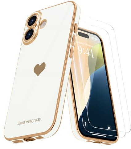 Teageo für iPhone 16 Hülle+2 Schutzfolie Herzmuster, Weiß | Mädchen Stilvoll Galvanisierte Schutzhülle Weich TPU Phone Case