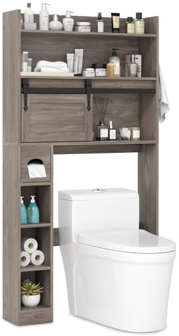 COSTWAY Over Toilet Storage Unit, Freestanding Bathroom Space Saver with Sliding Barn Door, Toilet Paper Holder and Adjustable Shelves, Wooden Above The Toilet Cabinet Organizer Rack (Grey Oak)