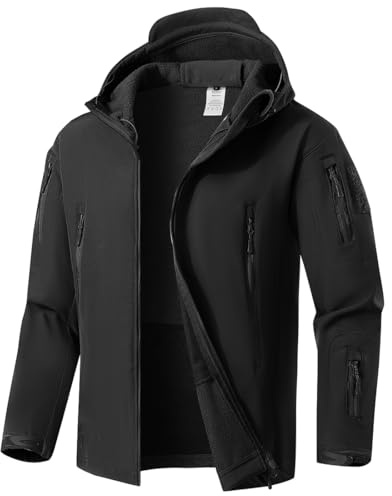 WINKEEY Giacca da Uomo Giacca Softshell con Cappuccio Autunno Invernale Giacca esterna impermeabile e antivento foderata in pile caldo,nero S