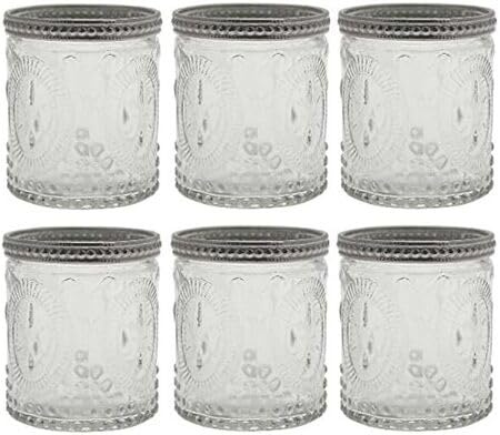 Floralcraft® Vintage Cylinder Votive Candle Holders Set of 6 – Embossed Clear Glass Tealight Holders with Decorative Metal Rim for Weddings, Home Décor & Events