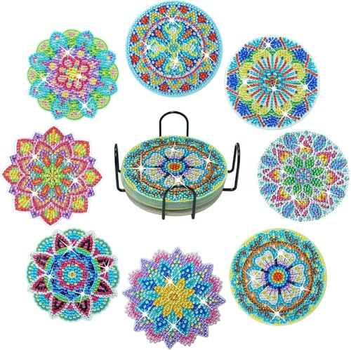 janeunique Untersetzer Gläser-8er Keramik Untersetzer Set，Painting Untersetzer mit Halter für Gläser，Glasuntersetzer, Bar, Tassen, Tisch deko und Deko wohnzimmer–Elegante DIY Diamant-Tassenuntersetzer