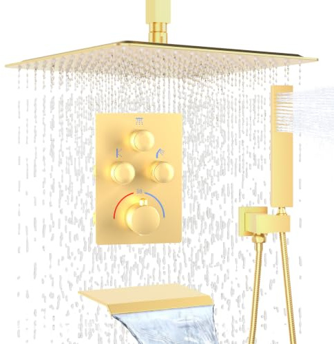 Brass 12 Inch Mixer Shower System with Waterfall Tub Spout Brushed Gold | Control Flow and On-Off Simultaneously, Square Ceiling Mount Rainfall Shower Head with Thermostatic Mixing Valve Kit and Trim