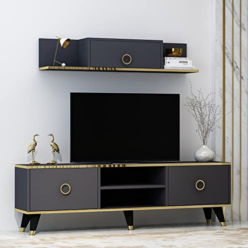 Homidea Vera Wohnwand – Wohnzimmer TV Set – TV Schrank – TV Lowboard – Fernsehtisch - TV Möbel mit 2 Türen und Wandregal in glänzendem Design (Vera TV - Anthrazit)