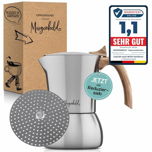 Morgenheld Premium Edelstahl Espressokocher klein mit Reduziersieb für 2 bis 4 Tassen 200 ml - Espressomaker induktionsgeeignet - Espressokanne mit Reduziereinsatz für Induktion und Gasherd