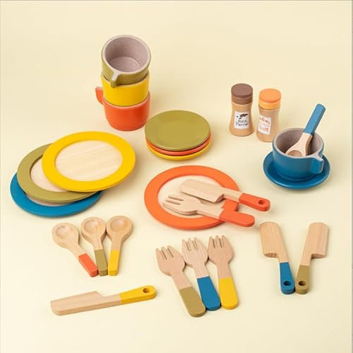 TOSAVGA 26PCS Holzgeschirr Sett, Kinderküche Zubehör, Spielküche Geschirr für Kinder, Küche Zubehör Kinder, Bildung Küche Rollenspiel Lernspielzeug für Mädchen und Jungen ab 3 Jahren