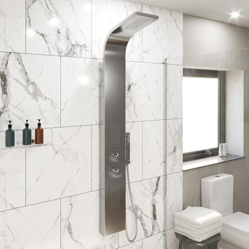 Architeckt® Thermostatic Shower Tower Column Panel, Triple Outlet Function 3-in1 System with Rainfall Head Handset 2 Body Jets Showers Curved, Brushed Steel