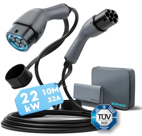 bokman EV Cable de Carga Tipo 2 22kW 10 Metros | Modo 3, 32A, Monofásico, Cable de Carga Rápida Híbrido Enchufable para Vehículo Eléctrico Tipo 2 a Tipo 2