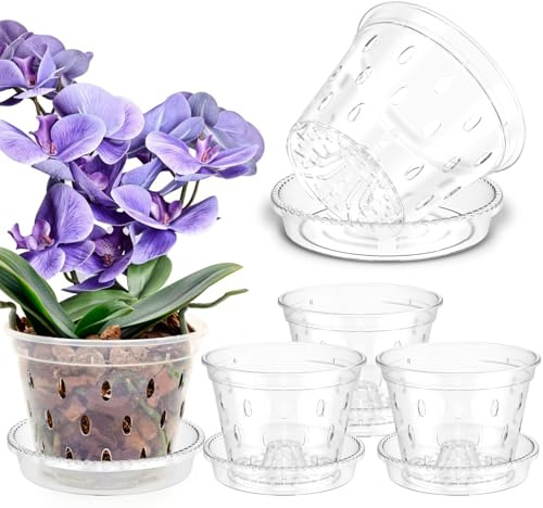 GUIJZSLTRG 5 Pack Orchid Pots Clear 4/5/6 Inch Plastic Flower Plant Pots with Holes and Saucers House, Nursery Pot for Orchid Repotting Kit, Seed Seedling Pot Breathable for Root Growing (5 inch)
