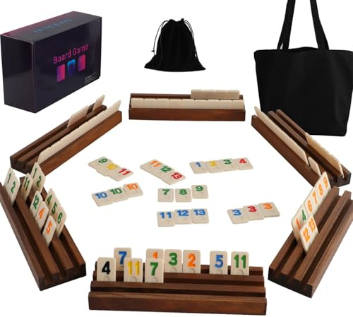 Rummy Cup Original, 6 Player Rummy Cup inklusive 160 Spielsteinen, 6 Holz-Steinehaltern, Kordelzug-Aufbewahrungsbeutel, Handtasche für alle Komponent - Klassische Brettspiele für Familie und Party.