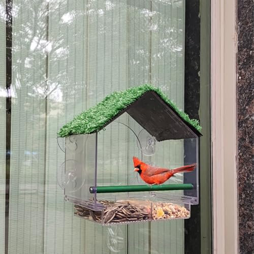 Window Bird Feeder with Strong Suction Cups, Removable Tray with Drain Holes Artificial Grass Sloped Roof for Bird Watching Bird Feeders for Small Birds Squirrel Proof Bird Feed