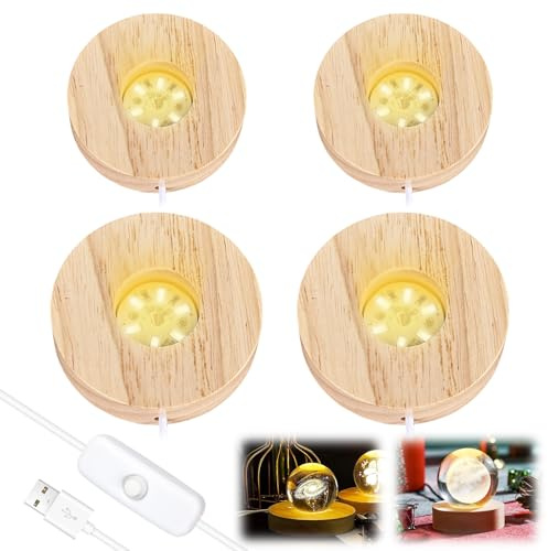4 Stück Holz LED Lichtsockel: 2 Größen Rund Holz Leuchtsockel 3 Farben Einstellbar Holzsockel, Beleuchtete Sockel mit Schalter, LED Holzsockel für Kristallkugeln, Schmuck, Glas, Acryl und Harz