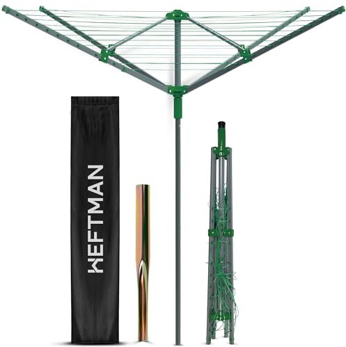 HEFTMAN Outdoor Rotary Washing Line - 45m Easy Assembly 4 Arm Rotary Washing Line Heavy Duty Weather-Proof, Powder Coated Finish Outdoor Clothes Dryer with Cover & Ground Spike (Green, 45m)