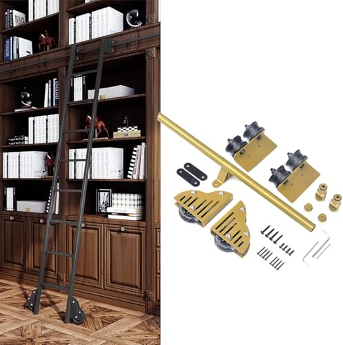 ZNGEPHAP 3.3ft-24ft Sliding Library Ladder Hardware Kit, Gold Round Tube Carbon Steel Rolling Track Rail with Floor Roller Wheels (6.6ft/200cm Track Kit)