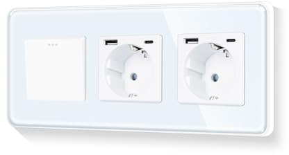 LIAONFOY Runde Schuko 1 Weg Lichtschalter mit Doppel 20W Steckdose Typ c und USB Kombination Glasrahmen Weiß Unterputz Gekurbte Kanten rahmen 100-240V 228mm(Neutrale erforderlich)