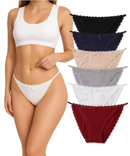 6 Pack Silky Women Underwear Set Lace Trim Cotton Linning Brazilian Knickers Low Rise Hipster Ladies Underpants Comfy Sexy String Bikini Panties Multipack (UK, Alpha, L, Regular, Regular, 6 Colors)