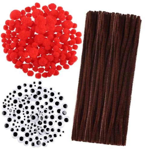 FALSKT 100 Stück Pfeifenreiniger Braun zum Basteln Pfeifenputzer 150 Stück Wackelaugen Selbstklebend 150 Stück Rote Pompons für Kinder Weihnachten Rentieren Bastelzubehör Handwerk DIY Herstellung