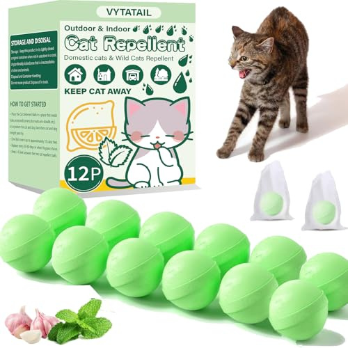 VYTATAIL Cat Repellent Balls for Outdoor- Peppermint & Lemongrass Oil Deterrent Balls - Stop Cats from Scratching Furniture, Yard, Plants,Cars,Long-Lasting Protection（12 Pack and 6 Bags）