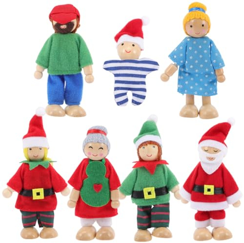 CLISPEED 7 Stück Teiliges Holzfamilien Puppen mit Beweglichen und Beinen Flexibles Mini Puppenhaus für Kreatives Rollenspiel zu Weihnachten und Geburtstag
