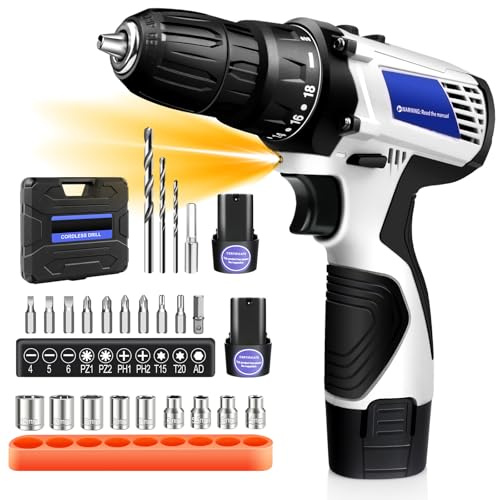 Huini 16.8V Cordless Drill,Electric Screwdriver Set,45Nm Cordless Combi Drill with 18+1 Torque Setting,2x1.5AH Li-ion Battery, 23CS Accessories, LED Work Light,Home and Garden DIY Project Kit