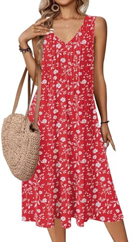 Zeagoo Midi Dresses for Beach Vacation Casual Hawaiian Dress for Women V-Neck Long Sleeveless Beach Dress for Vacation Sundresses for Women Over 50 Red White Floral XXL
