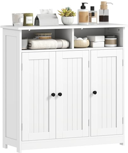 HOMCOM Mueble de Baño Armario Baño Estrecho con 3 Puertas 85x30x85cm Blanco | 2 Compartimentos Abiertos, Estante Ajustable, para Sala de Estar, Cocina