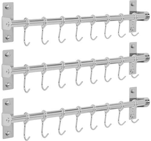 rloao 3 Pcs Stainless Steel Kitchen Utensil Rack, 40cm Kitchen Hanging Rail | With 24 Movable Hooks, Space-Saving, Wall Mounted Utensil Holder for Pot Pan Lid Spoons Mugs Storage