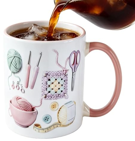Generico Tazze Da Caffè In Ceramica All'uncinetto - Tazze Da Caffè Personalizzata Con Tema Uncinetto Da 330 ml | Tazzes D'acqua Estetiche Per Maglieria E Cucito Per Donne E Adulti Amanti Del Filato