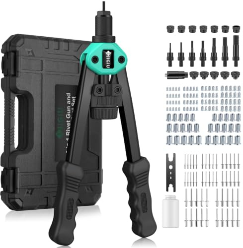 JiGiU 2 en 1 Pistola de Remachadora y Remachadora de Tuerca Color Azul Lago | Juego de Alicates para Remachar con Mandriles Métricos M3-M12 7 Tipos y 5 Cabezas Remachables 3.2-6.4mm con 110pcs y 50pcs