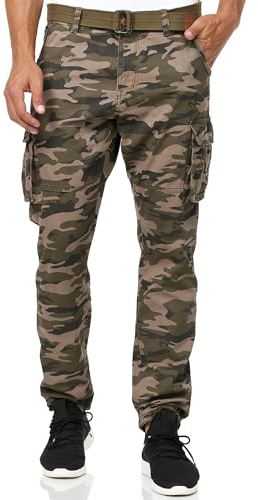 Indicode Herren William Cargohose aus Baumwolle m. 7 Taschen inkl. Gürtel | Outdoorhose Dired Camouflage, XXL