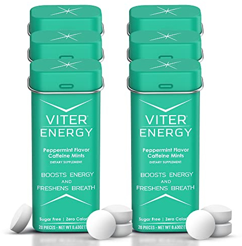 Viter Energy 40mg Caffeine Mints - Sugar Free, B Vitamins, Vegan, Boosts Fast Energized Alert Focus, Caffeinated Nootropic Supplement Pills (Peppermint Flavor, 20pcs, 6 Pack, 120pcs Total)