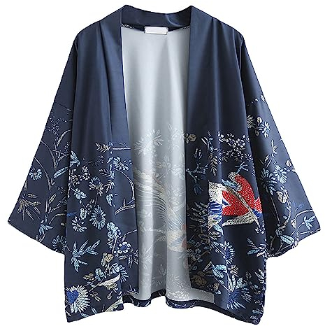 Japanische Kimono Jacke Robe - Traditionelle Klassische Haori Kleidung Tokio Harajuku Antike Stile Floral Geblümte Lockere Jacke Robe Kostüm Bademantel Nachtwäsche für Frauen Männer Mädchen (Blau)