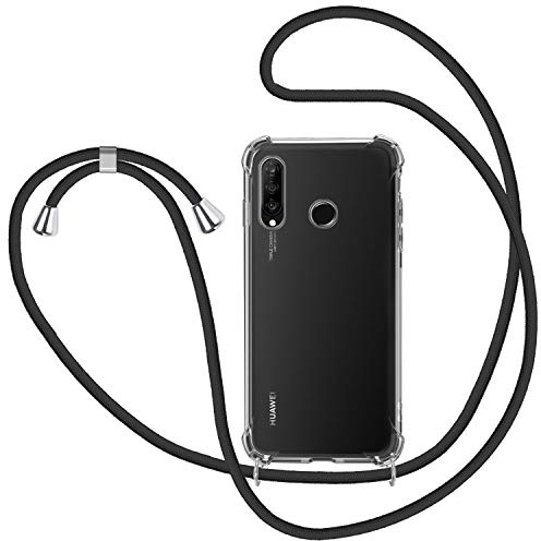 Handykette für Huawei P30 Lite Hülle mit Band, Transparent Silikon Handyhülle mit Kordel zum Umhängen Schutzhülle, Schwarz