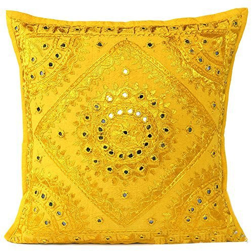 Radhykrishnafashions Indian - 16X16 Mirror Embroidered Decorative Sofa Throw Pillow Cushion Cover Boho Bohemia (YELLOW)