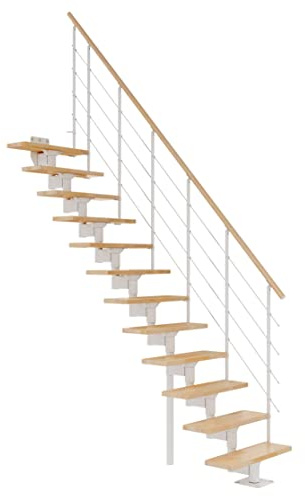 DOLLE Boston Treppe mit Mittelholm, 228–300 cm, 70-cm-Stufen, gerader Lauf | Raumspartreppe innen, volle Buchenstufen lackiert, Einzelstabgeländer mit Holzhandlauf, Unterkonstruktion weiß