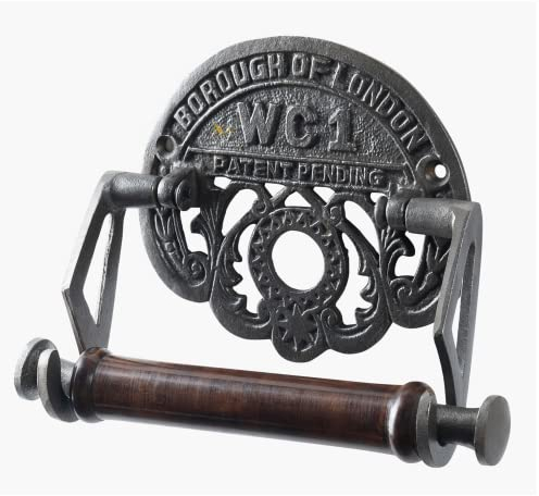 Assorted Collections - Traditional Cast Iron Borough of London WC1 - Vintage Design -Victorian Wall Mounted Toilet loo roll Holder - Paper/Tissue Holder with Hard Wood Loop - Antique Style