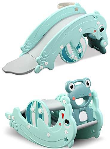 Clamaro 'Delphin' 2in1 Kinder Rutsche Wippe Kombination, Schaukeltier einfach umdrehen und aus der Wippe Wird eine Kinderrutsche für drinnen und draußen (ohne Umbau) - inkl. Basketballkorb - Mint