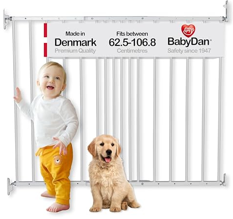 BabyDan Copenhagen, 62,5-106. 8 cm, Cancelletto estensibile per scale/cancello per bambini, metallo, bianco, Made in Denmark - (Cancelletto per animali domestici)