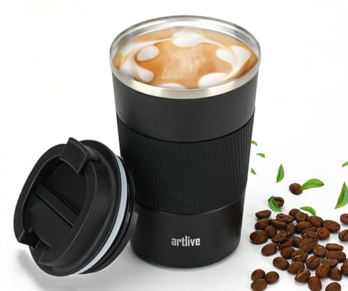 Artlive Travel Mug, Coffee Cup Insulated & Reusable Travel Cup - Thermal Stainless Steel Eco-Friendly with Leakproof Lid - Hot & Cold Coffee Mug 380ml (BlackGrip, 380 ml)