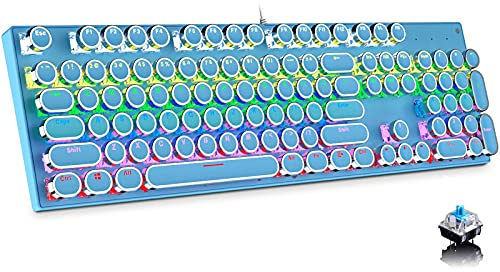 Tastiera da gioco, stile retrò, tastiera meccanica, interruttore blu con 9 modalità di retroilluminazione RGB reali, elegante tastiera meccanica rosa (cappuccio rotondo) (104 tasti, blu)