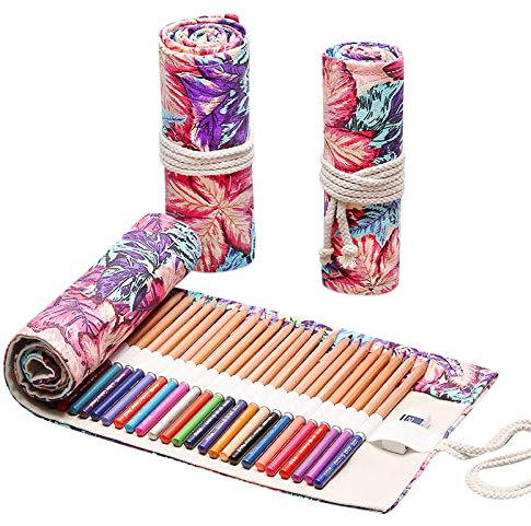 SONARIN Leinwand Federmäppchen,Tragbare 48 Löcher Stifterolle Bleistift Verpackungshalter Bleistifthalter Stiftehalter Farbig Bleistift Wrap Mäppchen Tasche für Schule Büro Kunst(Ahornblatt)