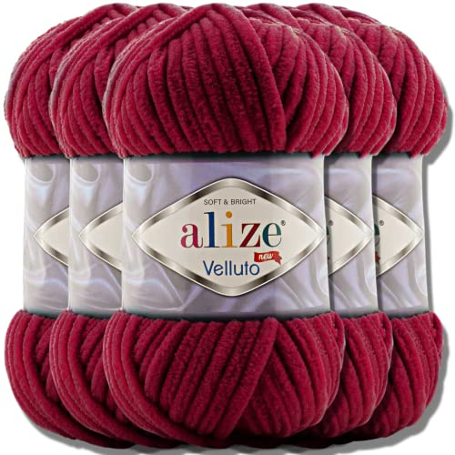 Hobby YARN Alize Velluto 5x 100g Türkische Strickwolle super Bulky Wolle zum Häkeln Uni Farbe Babywolle Flauschgarn Filzwolle Kuschelwolle (Cherry | 107)