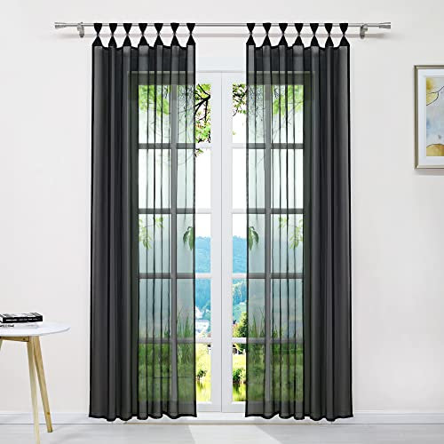 ESLIR Gardinen mit Schlaufen Vorhänge Fensterschal Transparent Schlaufenschal Voile Gardinenschal mit Dekokugeln Schwarz BxH 140x145cm 1 Stück