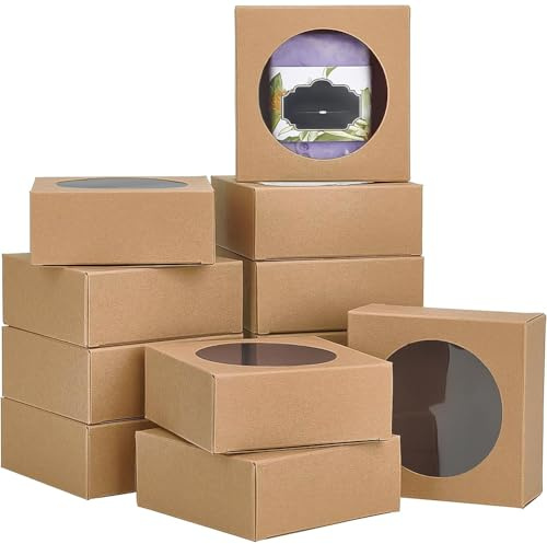 BENECREAT 24 Packungen 9.3x9.3x3.8 cm Runde Geschenkboxen Aus Transparentem PVC, Quadratische Geschenkverpackungen Aus Braunem Kraftpapier Für Partygeschenke, Und Schmuckverpackungen