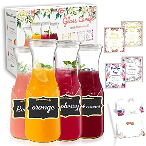 Set Of 4 Glass Carafes & Pitchers For Mimosa Bar Supplies, 1 Liter Beverage Glass Carafe With Lids For Wine,Brunch,Champagne,Lemonade,Milk,Iced Tea,Juice Pitcher & Container, Water Carafe With lid